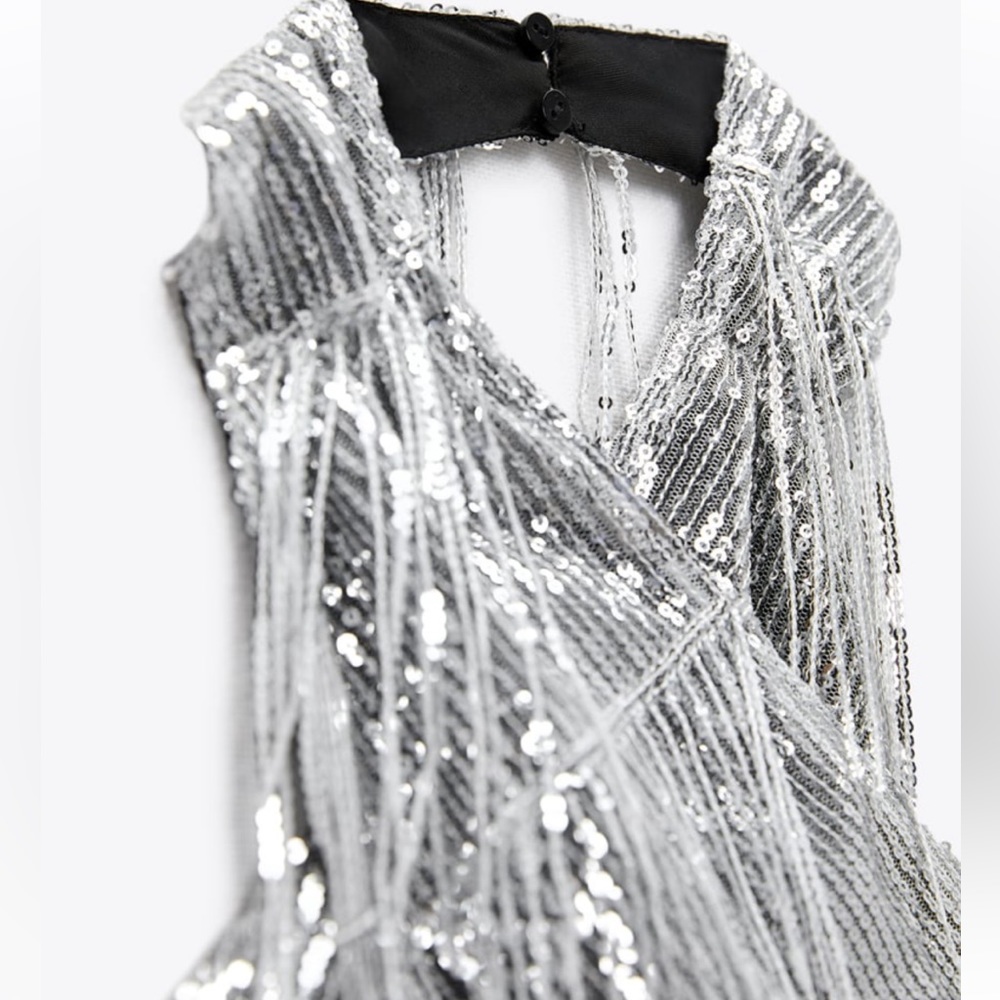 Zara Silver Sequin Fringe Halter Crop Top - Picture 12 of 12